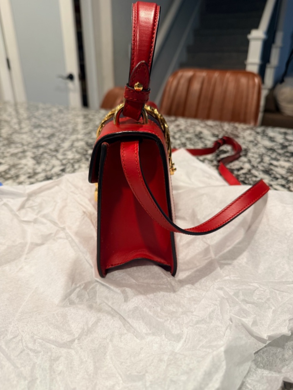 Gucci Red Leather Satchel with Gold Chain and Navy Trim - Picture 5 of 7